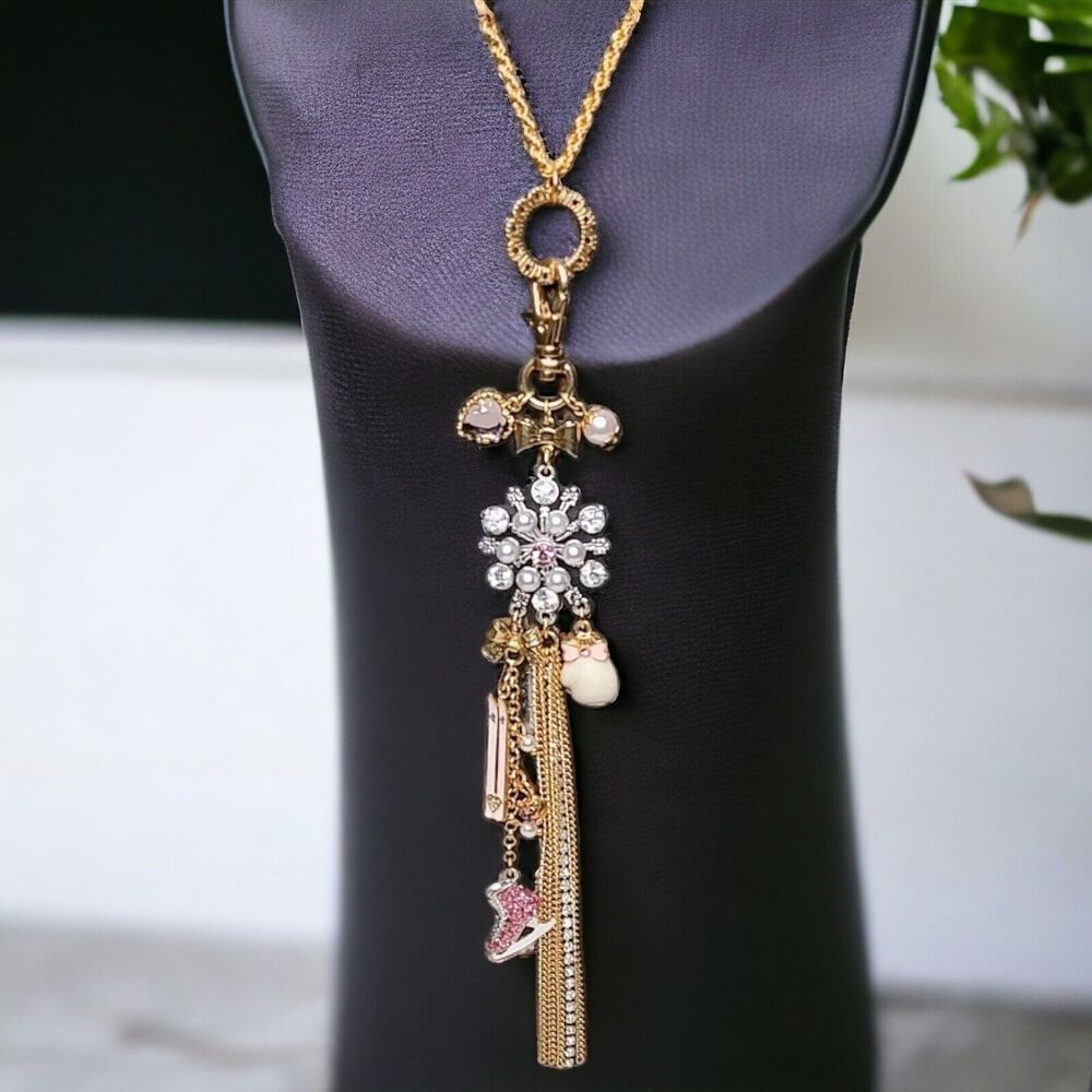NEW Betsey Johnson Long Necklace + Extender Snowflake Pink Skis Ice Skate Mitten